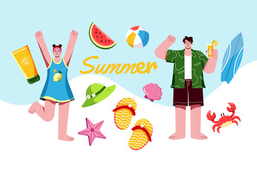 Fototapeta premium Summer Beach Day Clipart Set, Cute Tropical Vacation Illustration with Happy Characters and Holiday Elements