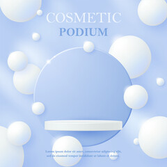 3D skincare and cosmetic podium scene with soft white bubbles on pastel blue background for beauty product display, brand ads, branding mockup, showcase and advertising or wellness campaigns