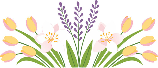 Yellow pink tulips lavender flowers green leaves yellow tulips floral