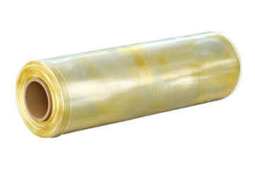 Roll of Transparent Yellowish Plastic Film with Geometric Pattern on a Cardboard Core, Packaging Material isolated on transparent background