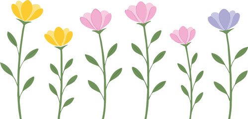 Yellow pink and purple flowers with green stems and leaves yellow flowers pink flowers
