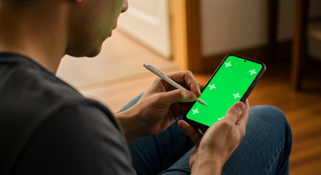 Man uses stylus to edit a vibrant green screen on his smartphone, comfortably seated indoors.