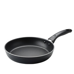 A black nonstick frying pan with a comfortable handle isolated on transparent background