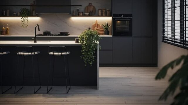 Modern Black Kitchen with Island and Bar Stools
