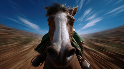 Horse with humorous expression is captured in dynamic, blurred background, creating sense of speed and motion