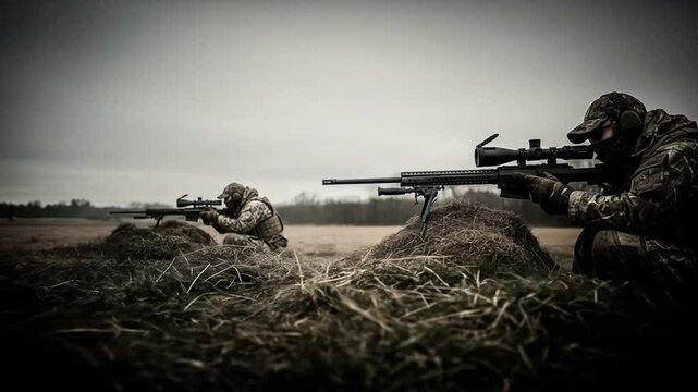 Snipers in Ghillie Suits Aiming Rifles