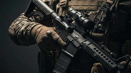 Soldier Holds Assault Rifle in Tactical Gear