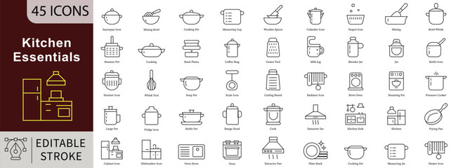 Kitchen Essentials Line Icons: Cooking, Utensils and Home Food Prep Vectors. Editable Stroke