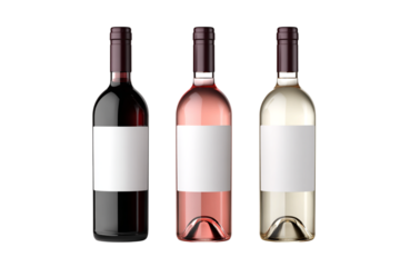 Three wine bottles, red, rosé isolated on transparent background