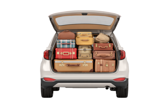 Car Trunk Packed with Vintage Suitcases Ready for a Road Trip Adventure, Travel and Vacation Concept, on Black isolated on transparent background