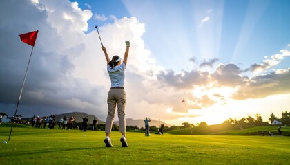 The professional golfer celebrates a hole-in-one with arms raised in victory and joyful expression.
