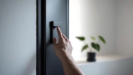 Modern minimalist door handle with hand activating it, Interior design detail of a sleek black door with a touch sensor