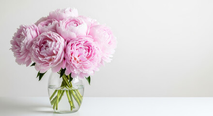 Obraz premium A beautiful bouquet of pink peonies in a glass vase on white table