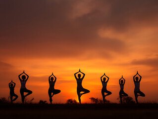 Fototapeta premium Yoga Silhouette Group Meditation at Sunset: Outdoor Health and Wellness Exercise