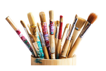 Fototapeta premium Collection of Paintbrushes in a Bamboo Holder, Bristles Up, Showing Colorful Paint Residue on Handles isolated on transparent background