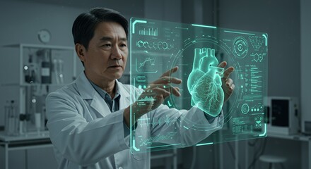A senior doctor interacts with a futuristic holographic display showing a detailed model of a human heart, analyzing medical data.