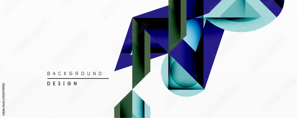 Poster Abstract geometric design features overlapping blue, teal, dark shapes. Gradient colors create depth, modern aesthetic. Minimalist composition suits backgrounds, presentations.
