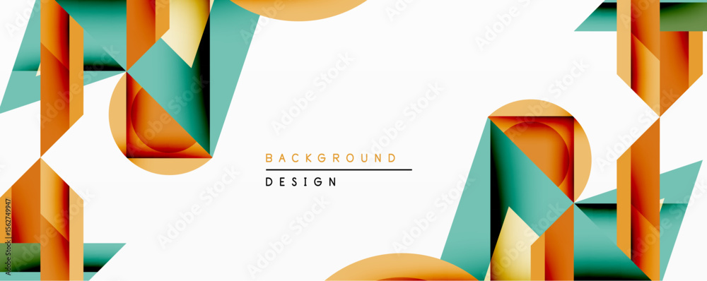 Poster abstract geometric shapes overlap, creating dynamic composition. orange, teal hues dominate white sp