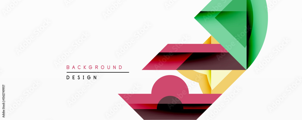 Poster abstract geometric shapes overlap, creating dynamic composition. colors include red, green, yellow, 