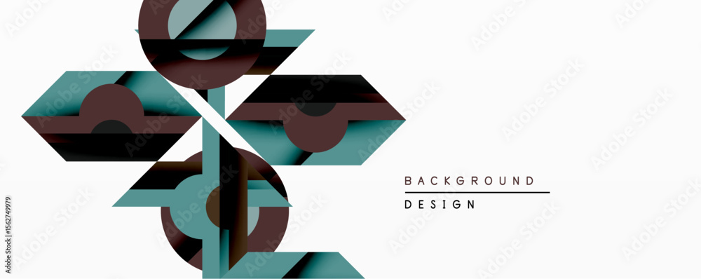 Poster abstract geometric shapes overlap, creating dynamic composition. maroon, teal, white colors dominate