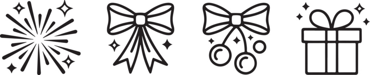 Festive Holiday Icons Sparkly Celebrations Gifts and Bows Black and White Decorative Designs for Christmas and New Year