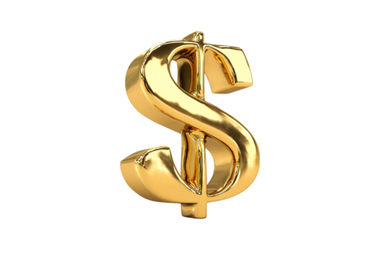Luminous golden dollar currency symbol against a stark black backdrop, reflecting wealth and financial success with its polished surface isolated on transparent background