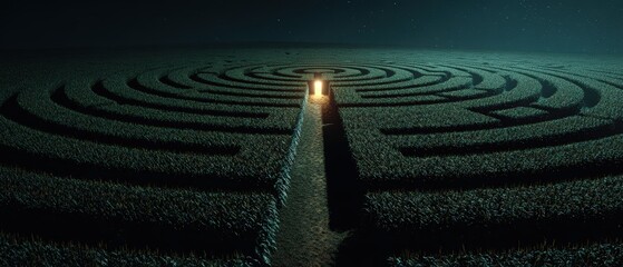 Serene Nighttime Maze with Glowing Light at the Center