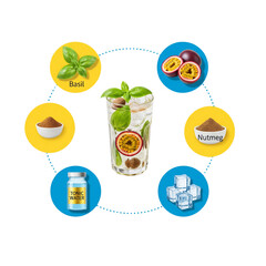 Refreshing gin and tonic cocktail with passion fruit basil nutmeg and ice