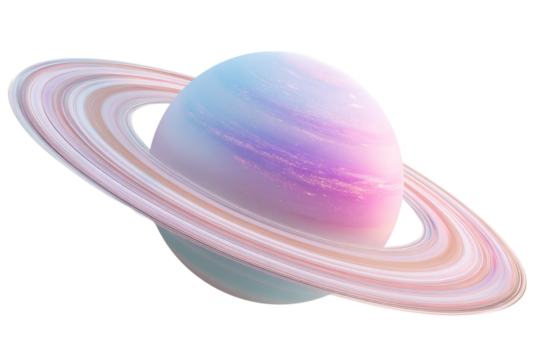Pastel Planet with Rings, a Cosmic Vision of Space and Galaxy, Rendered in Soft Hues and Dreamy Colors on a Black Backdrop isolated on transparent background