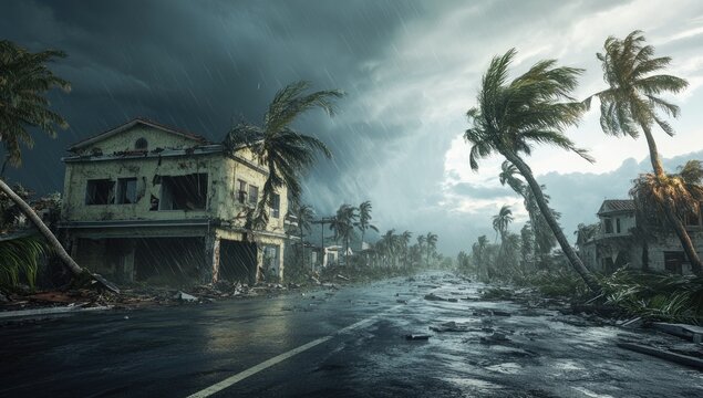 A deserted street ravaged by a storm.  Damaged houses, uprooted palm trees, and a flooded road under a stormy sky