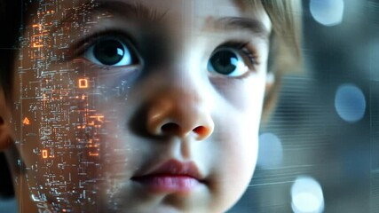 Little girl with digital code data overlay, cyberspace and information technology of the future. Ai education and cybersecurity - Powered by Adobe