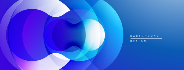 Abstract blue design features overlapping circles, gradients. Modern, dynamic composition creates visual depth, flow.