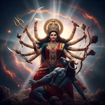 Powerful goddess durga slaying mahishasura in cosmic space