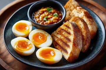 Hard-boiled eggs and toasted bread with a flavorful dipping sauce.