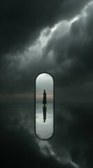 Mysterious Figure Standing Before an Ethereal Doorway in the Fog