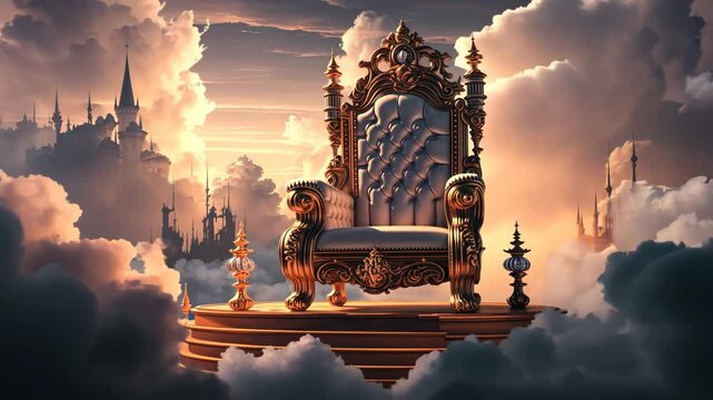A white throne in the middle of white clouds. A throne in the sky.