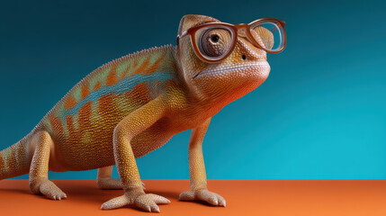 Colorful chameleon wearing glasses stands on vibrant surface, showcasing quirky and humorous expression
