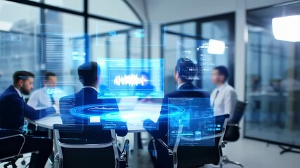 Futuristic corporate meeting with augmented reality data analysis interface display - Powered by Adobe