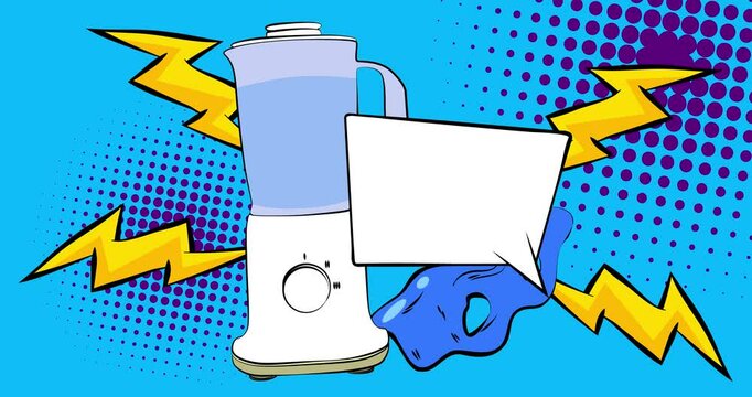 Cartoon food blender with blank speech bubble, comic book electronic kitchenware video. Retro comics pop art animation.