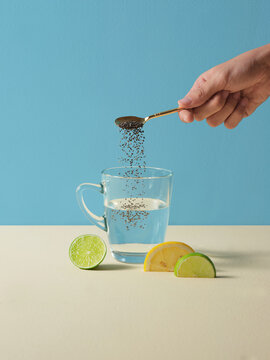 An artistic composition portraying a chia seed hydration process