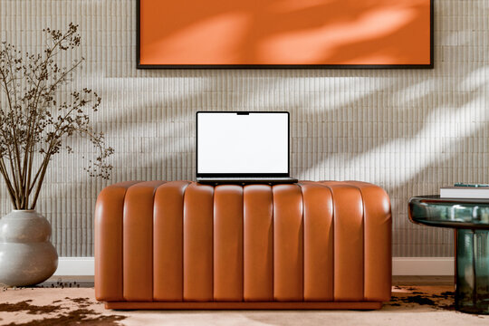 Workspace Mockup with Laptop on Leather Ottoman