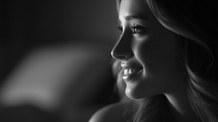 Fototapeta premium Elegant side view of a woman with long wavy hair, soft smile, gentle gaze, and serene expression, highlighted by natural light and dark background.