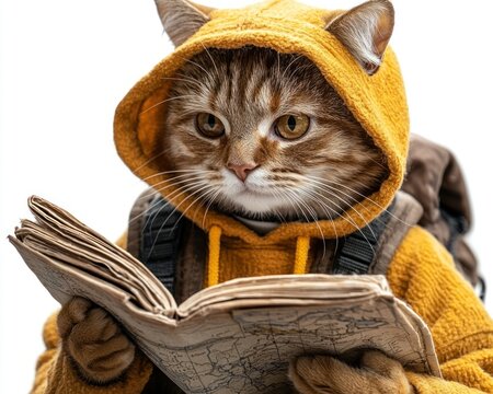 Cat in a yellow hoodie reading a map, exploring new adventures with curiosity