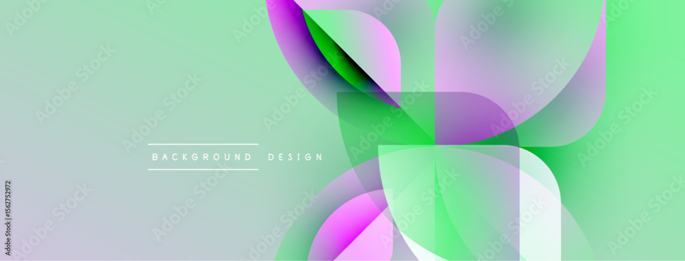 Poster Abstract design features overlapping translucent shapes. Soft green, purple hues create modern visual effect. Minimal text present.