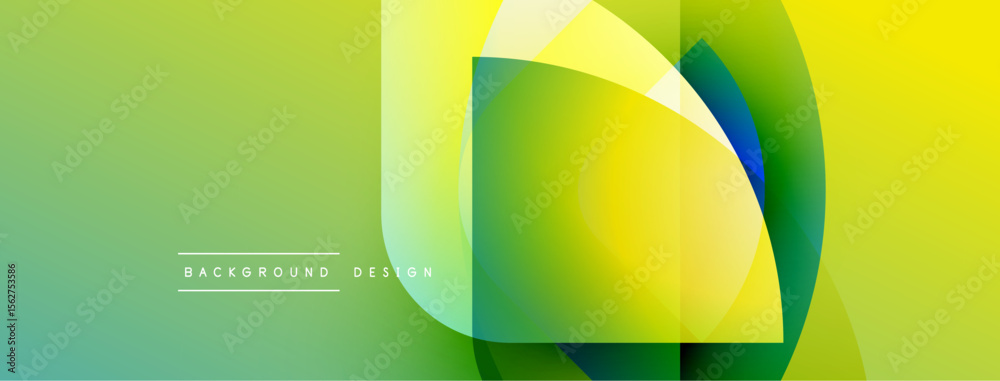 Poster abstract geometric shapes overlap, creating vibrant green, yellow gradients. modern design suggests 