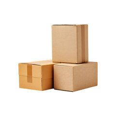 Three stacked cardboard shipping boxes with tape sealed closed isolated on transparent background