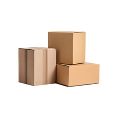 Fototapeta premium Three stacked cardboard boxes with tape for shipping and moving isolated on transparent background