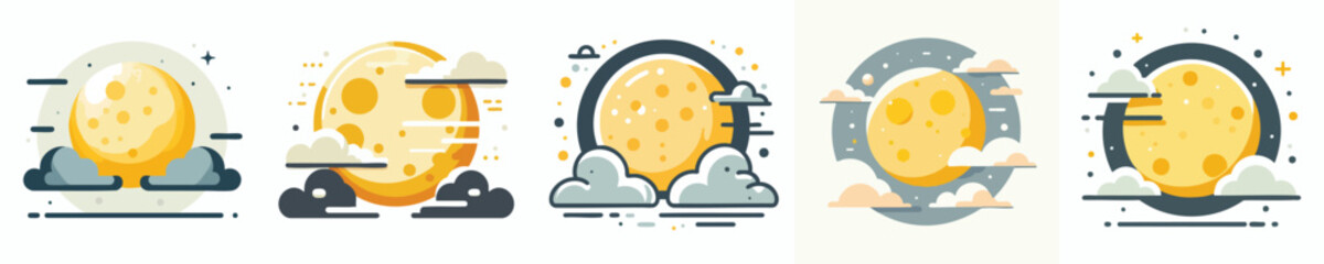Full Moon and Clouds Vector Set – Flat Cartoon Night Sky Collection