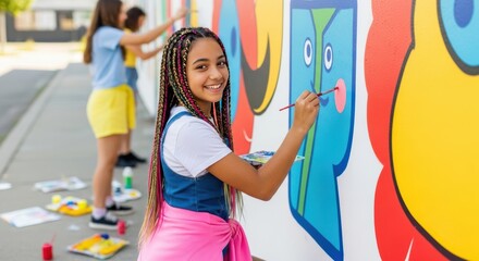 A Group of Young Artists Engaged in a Colorful Mural Painting Activity on a Bright Day