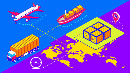 Isometric vector illustration showing a complete transportation and logistics system, including land, sea and air.